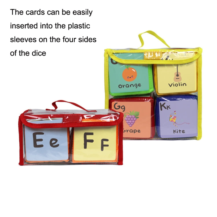 Zippered storage pouches holding picture and letter cards for learning dice