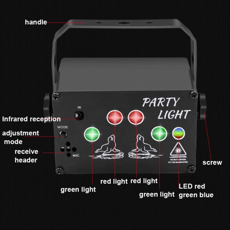 Party light projector front panel with IR reception, MIC input, and green/red LED indicators