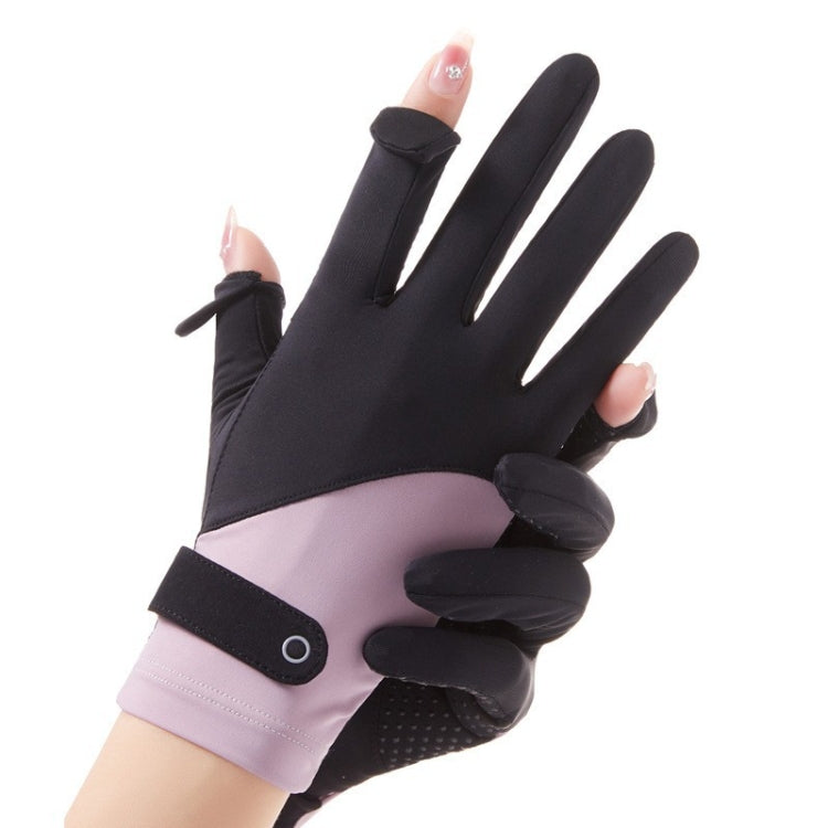 Black cycling gloves with mauve sleeves, flip-finger design and grip panels