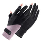 Black flip-finger gloves with dotted palm texture and mauve cuff accents