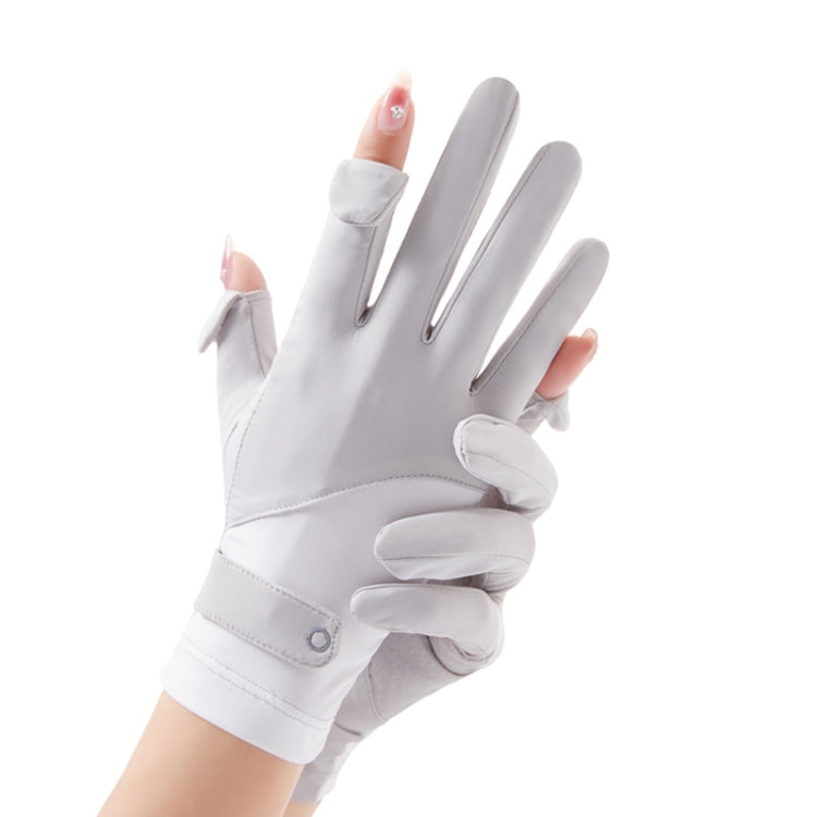 White cycling gloves with flip-finger tips, padded thumb, and stitched cuffs