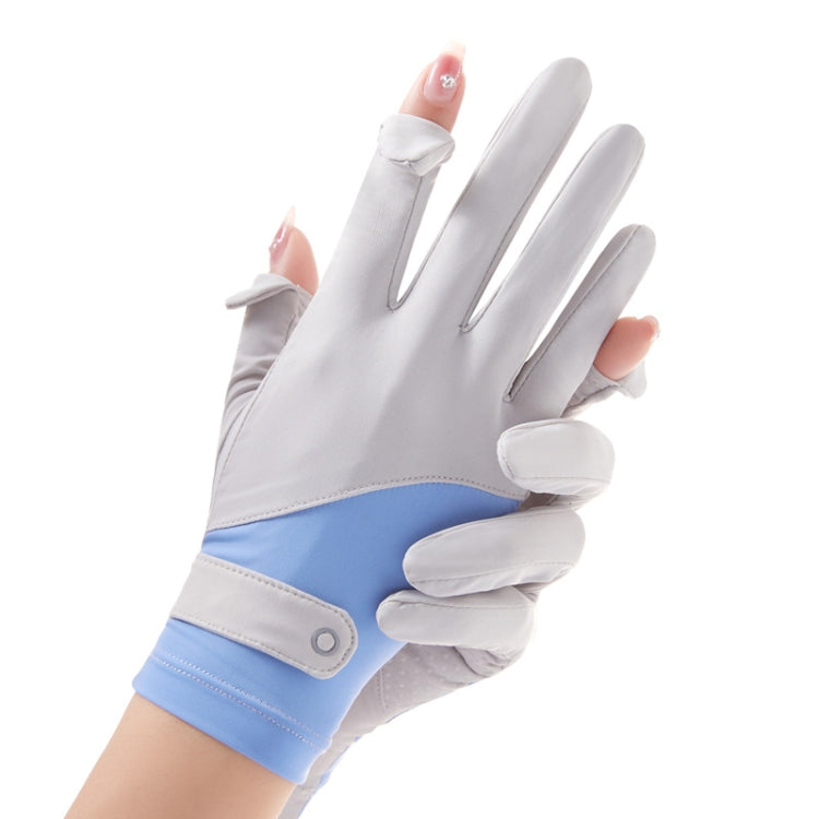 White cycling gloves with blue cuff accent, padded thumb, and flip-finger tips