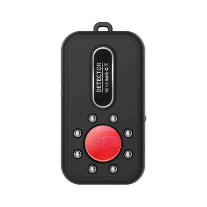 Black handheld infrared detector with red sensor lens, button ring, and loop handle.