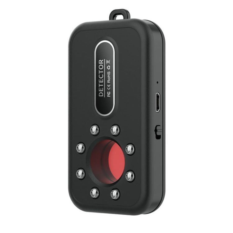Black infrared detector with red sensor lens, side ports, and mount points around lens.