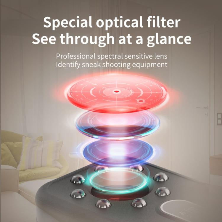 Black infrared detector with illuminated red sensor lens on top of the device.