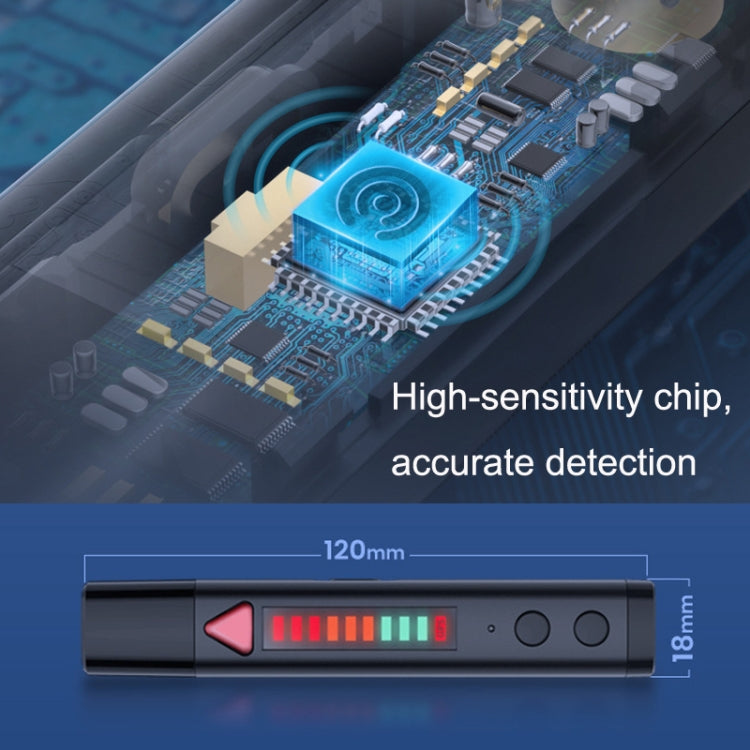 Black signal detection pen, wide LED bar display, red triangle on top, side buttons.