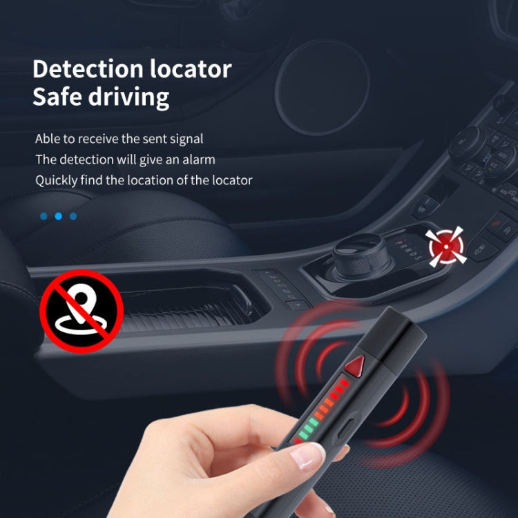 Black signal detection pen held in hand, red triangle and LED bar indicators.