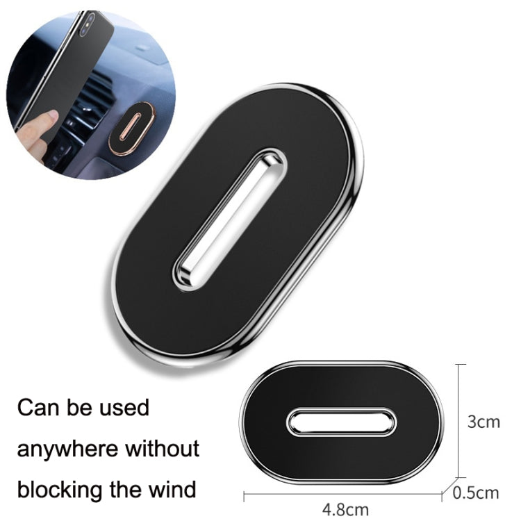 Black oval dashboard magnetic phone holder with silver trim and size dimensions shown
