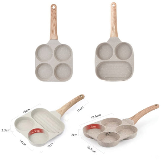 Four-hole stone nonstick egg pan with wooden handle and round wells