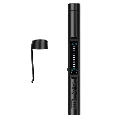 Handheld signal detector scanner with black cylindrical body and SC18 label