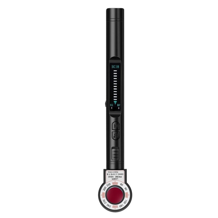 Black handheld signal detector scanner with side controls and circular indicator dial