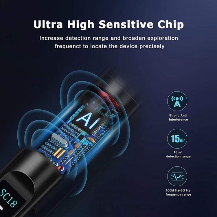 Black signal detector scanner with internal chip graphic and detection range icons