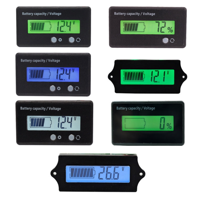 LCD power display set with green and blue backlights showing % and V readings