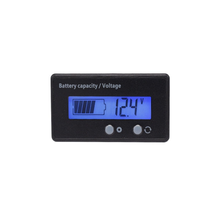 LCD battery capacity and voltage power display, blue backlit icons and 12.4V reading