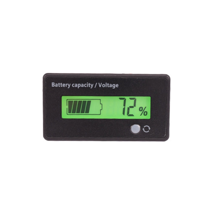 LCD battery capacity and voltage power display, green backlit battery bar and 72% reading
