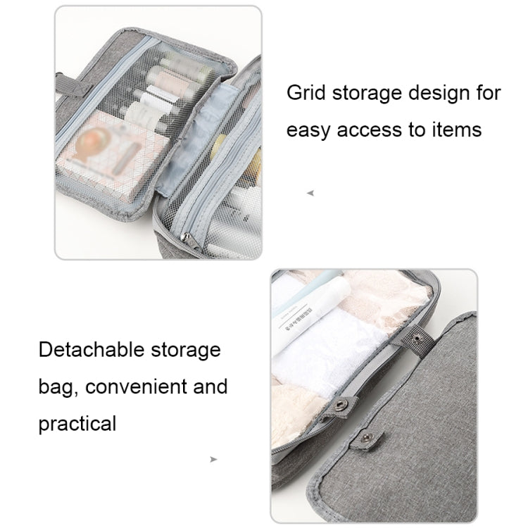 Gray foldable toiletry bag showing grid storage and detachable inner storage pouch