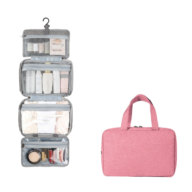 Pink foldable waterproof toiletry bag with transparent compartments and hanging hook