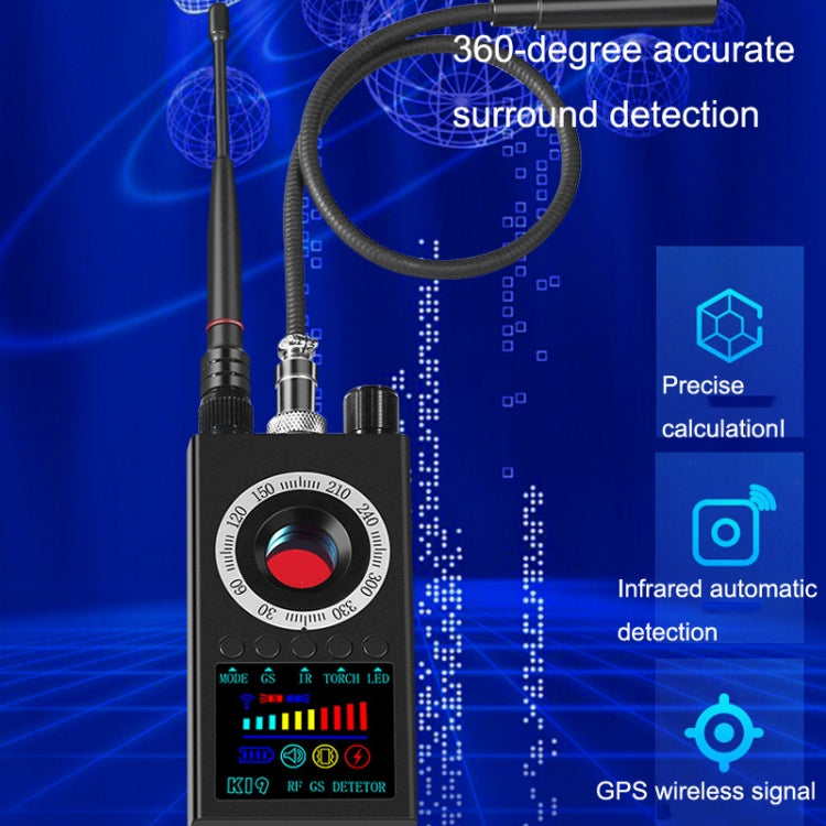 Wireless signal detector with dual antennas, LED indicators, and GPS detection display