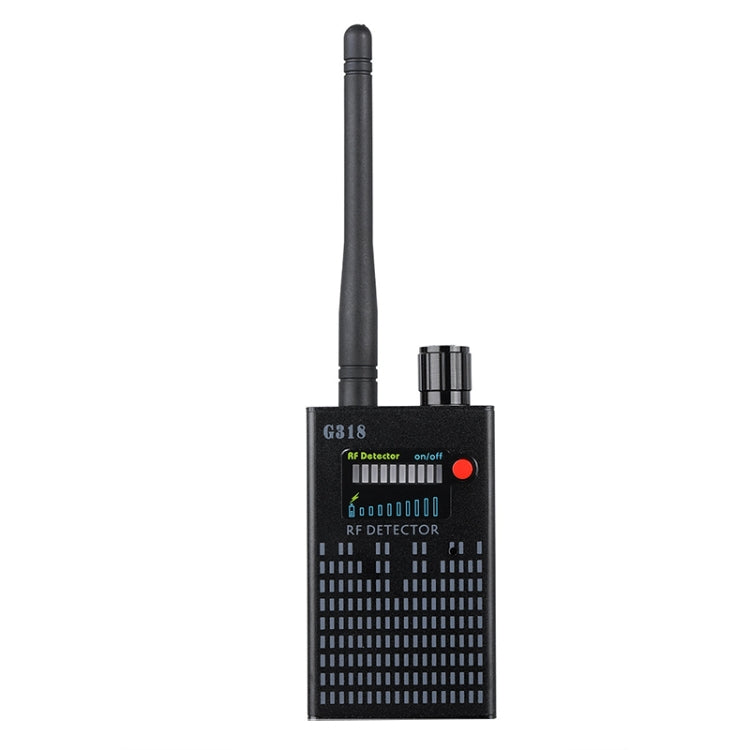 Handheld RF signal detector with telescopic antenna and front indicator lights, black
