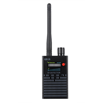 Handheld RF signal detector with telescopic antenna and front indicator lights, black