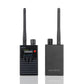 RF signal detector with two telescopic antennas, black handheld body and branding panel
