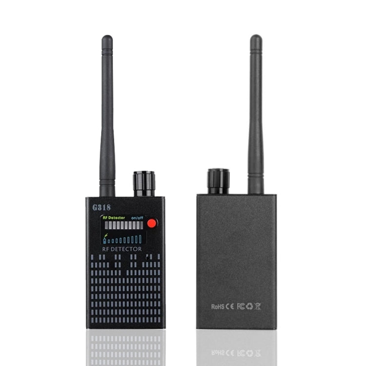 RF signal detector with two telescopic antennas, black handheld body and branding panel