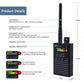 Black RF detector device with detachable antenna, buttons, and charger jack shown