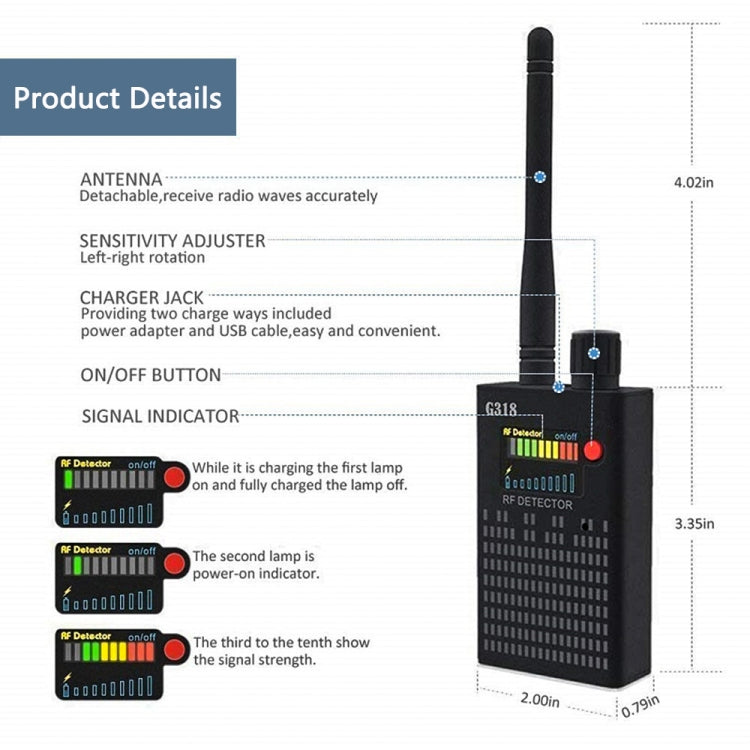 Black RF detector device with detachable antenna, buttons, and charger jack shown