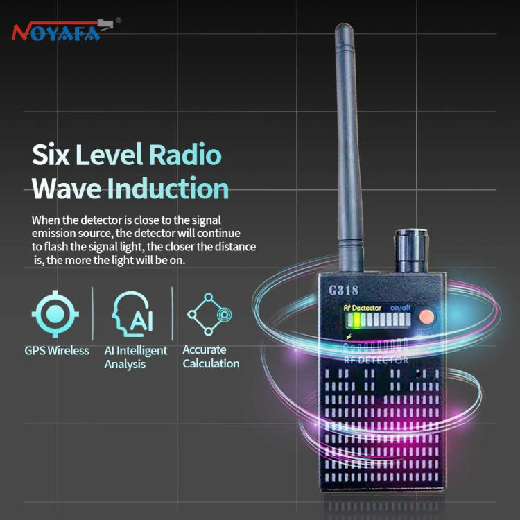 Black handheld RF detector with tall antenna, indicator LEDs, and textured front grille