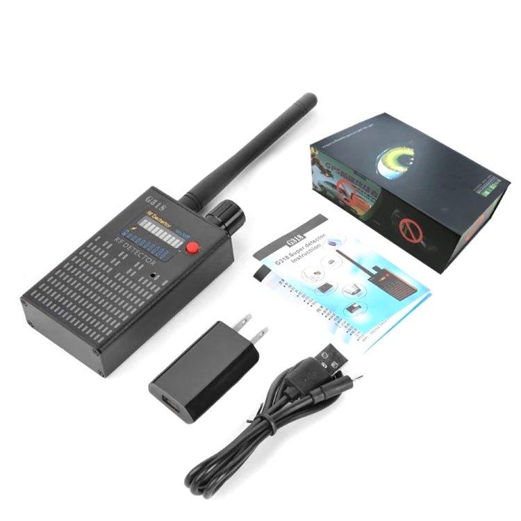 RF detector kit with telescopic antenna, power adapter, USB cable, and instruction box