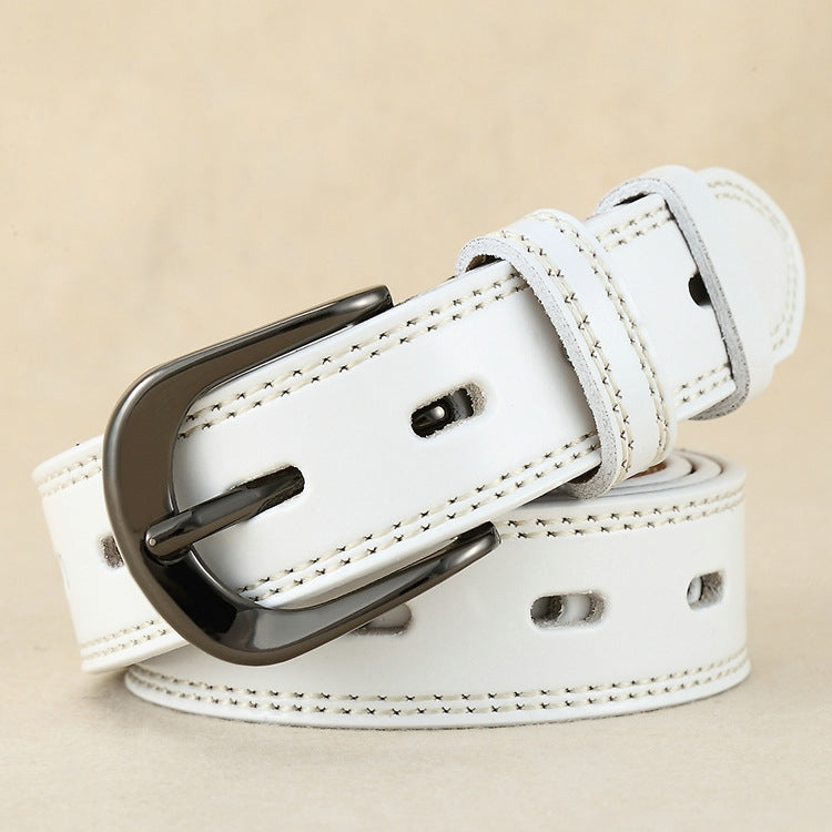 Double-stitched hollow pin buckle belt, white leather with silver buckle and white stitching