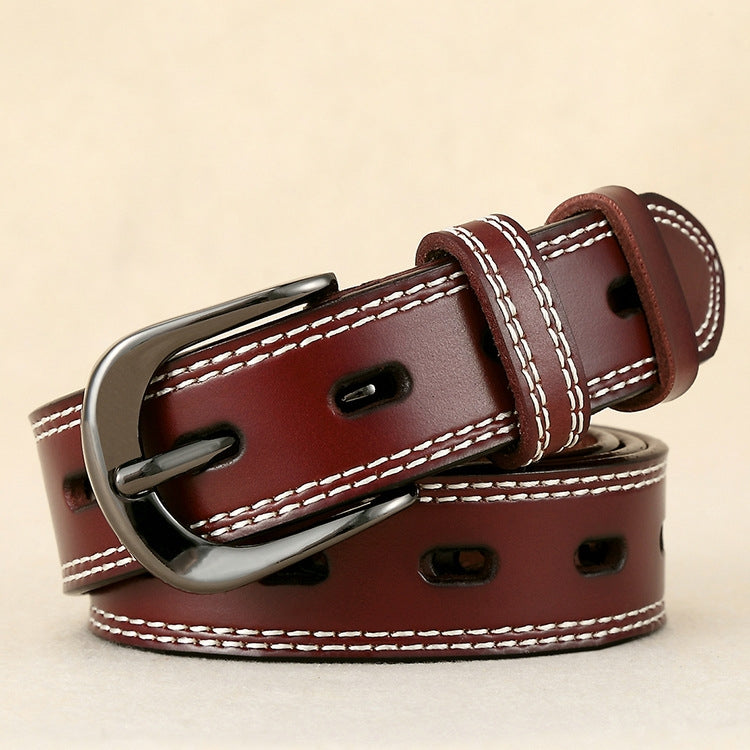 Double-stitched hollow pin buckle belt, deep brown leather with silver buckle and white stitching