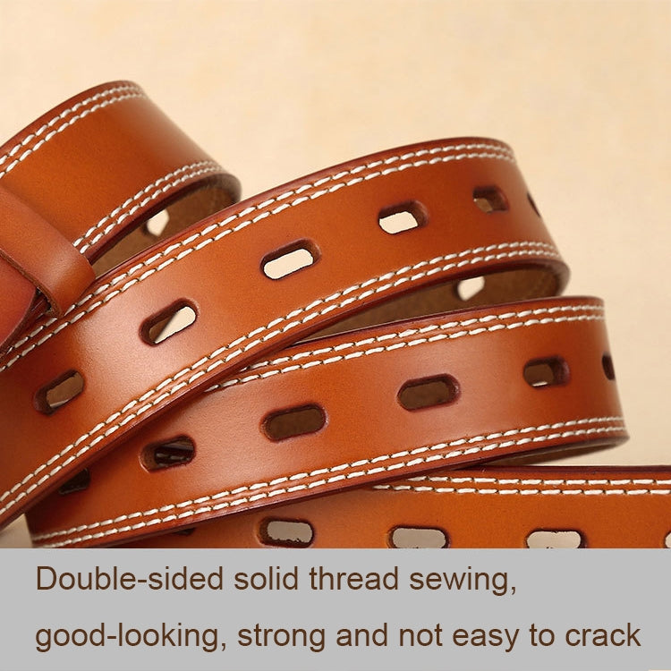 Brown leather belt with perforated oval holes and double-row white stitching