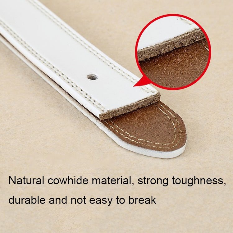 White leather belt end with brown edge seam and pin hole
