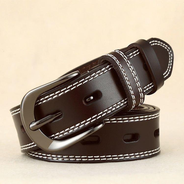 Double-stitched hollow pin buckle belt, dark brown leather with silver buckle and double white stitching