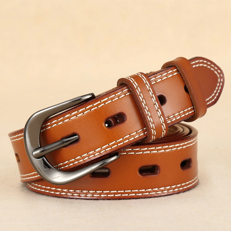Double-stitched hollow pin buckle belt, tan-brown leather with silver buckle and white stitching