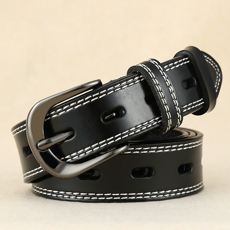 Double-stitched hollow pin buckle belt, black leather with silver buckle and white stitching