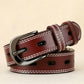 Double-stitched hollow pin buckle belt, burgundy leather with silver buckle and white-stitched holes