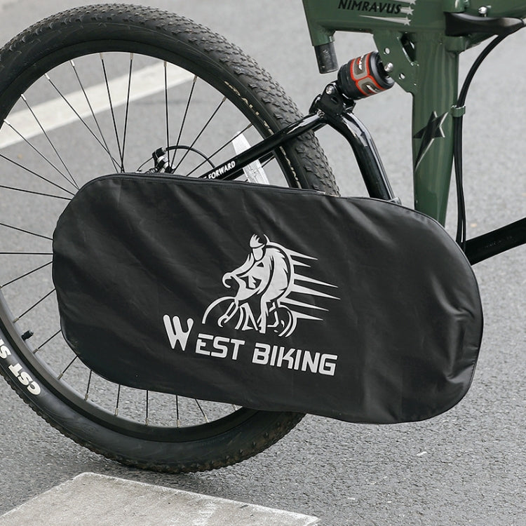 Black bicycle chain dust cover bag with WEST BIKING logo, front view.