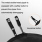Black chain cover with double-head metal zipper and safety button detail.