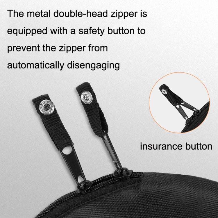 Black chain cover with double-head metal zipper and safety button detail.