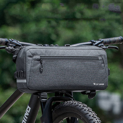 Gray bike handlebar bag with zip front and side straps, mounted on a handlebar.