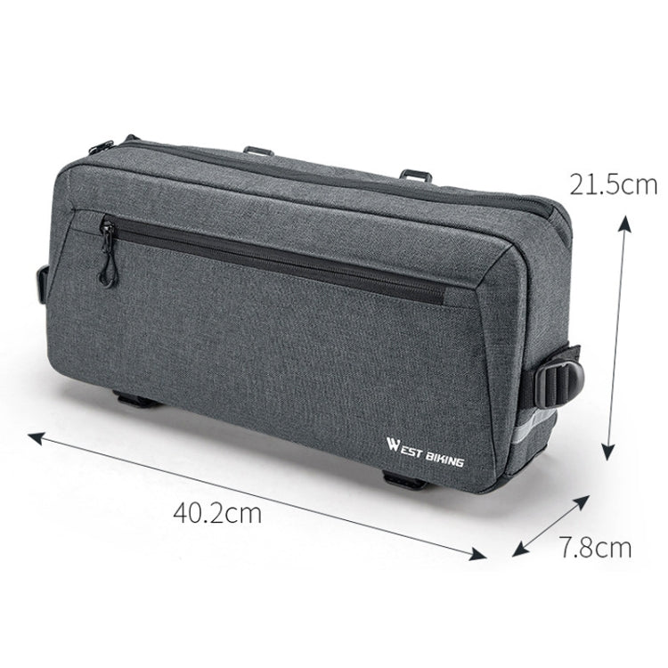 Gray bike handlebar bag with top handle, side buckles, and front zip pocket.
