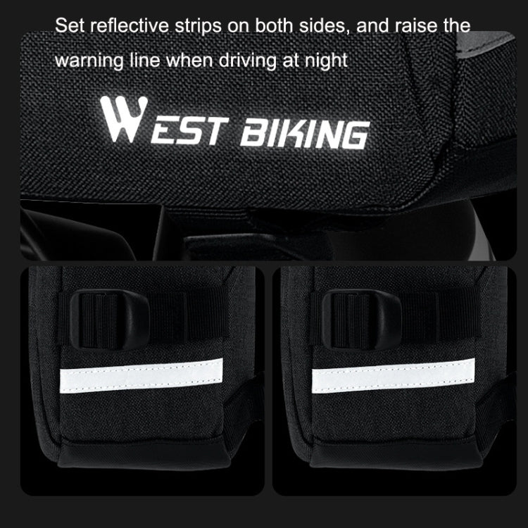 Gray bike handlebar bag with reflective strips and dual side compartments.