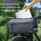 Gray bike handlebar bag with large zipper opening and top-mounted carry handle.