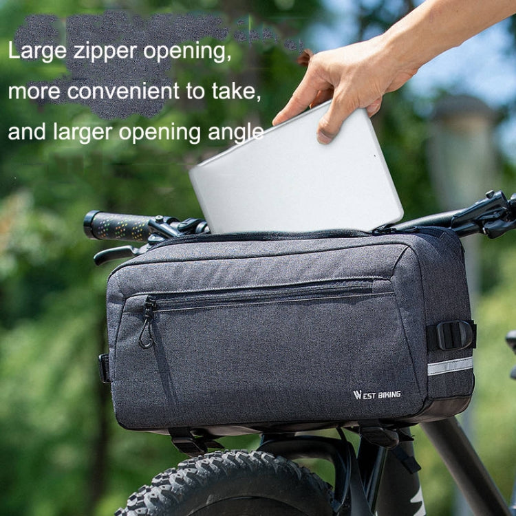 Gray bike handlebar bag with large zipper opening and top-mounted carry handle.