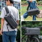 Gray bike handlebar bag worn by a person; mounted view and side profile included.