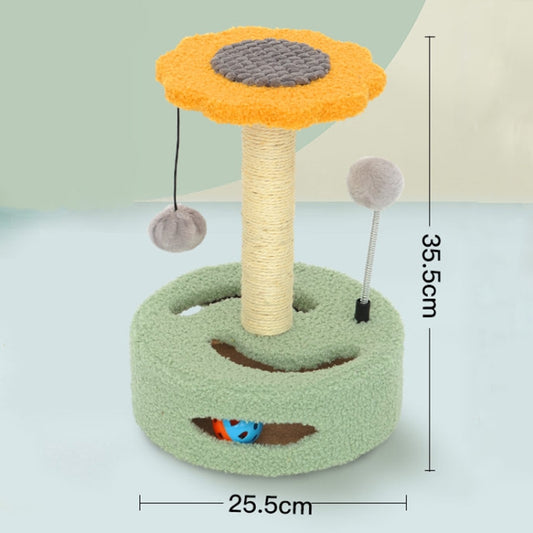 Cat turntable scratching board with orange platform, green base, and hanging pom toys