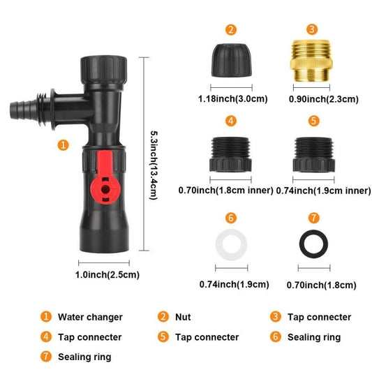 Black water changer pump with red switch, shown with size measurements and parts