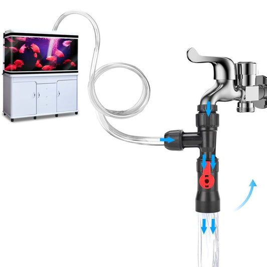 Faucet-style fish tank water changer pump with clear hose and metal tap adapter